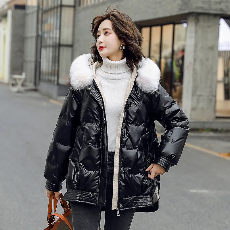 

Glossy Down Jacket Women's Short Big Fur Collar Winter New Korean Version Loose White Duck Down Bread Jacket