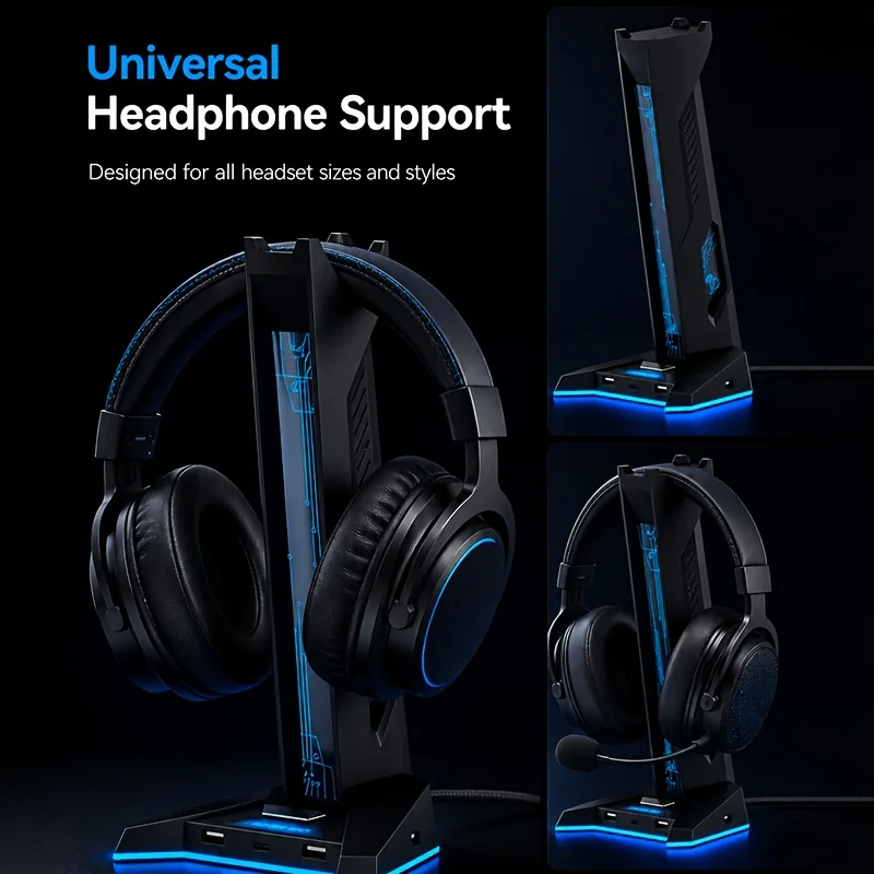 2 IN 1 USB Hub RGB Gaming Headphone Stand,  3 USB-A and 1 Type-C Port, Multi-Color Light Anti-Slip Base for PC Gamer Desk Decor view 3