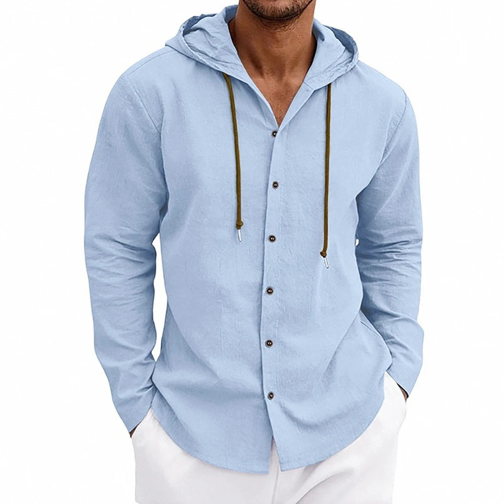 

Men's Long Sleeve Shirt Cotton Linen Loose Fit Hooded Drawstring Design Solid Color Casual Button Tops Male Stylish Shirts