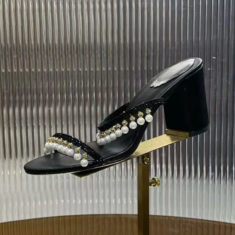 Slippers Summer Sparkling Pearl Pendant Chunky High Heels Women Real Leather Narrow Band Lazy Sandals Women Party Dress Shoes