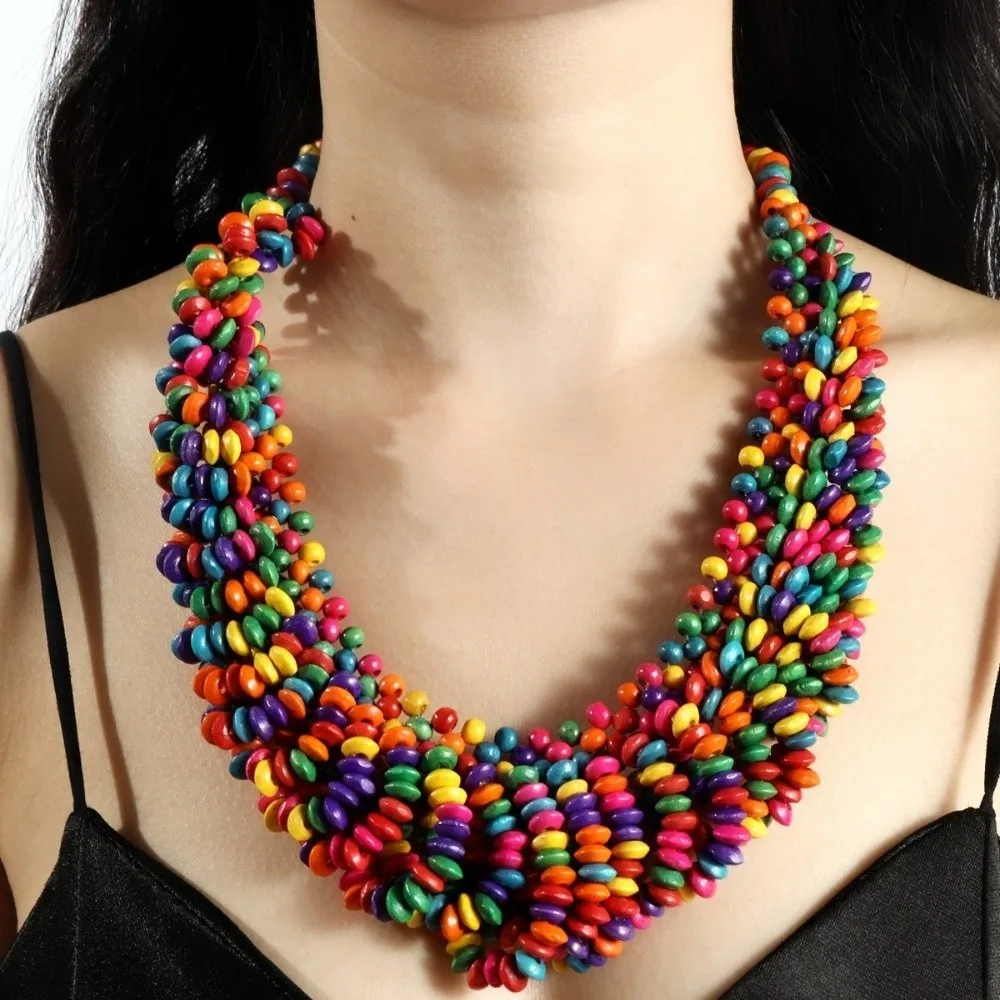 African Colored Beads Statement Wooden Hand Woven Bohemian Beaded Neck Chain Daily Wear