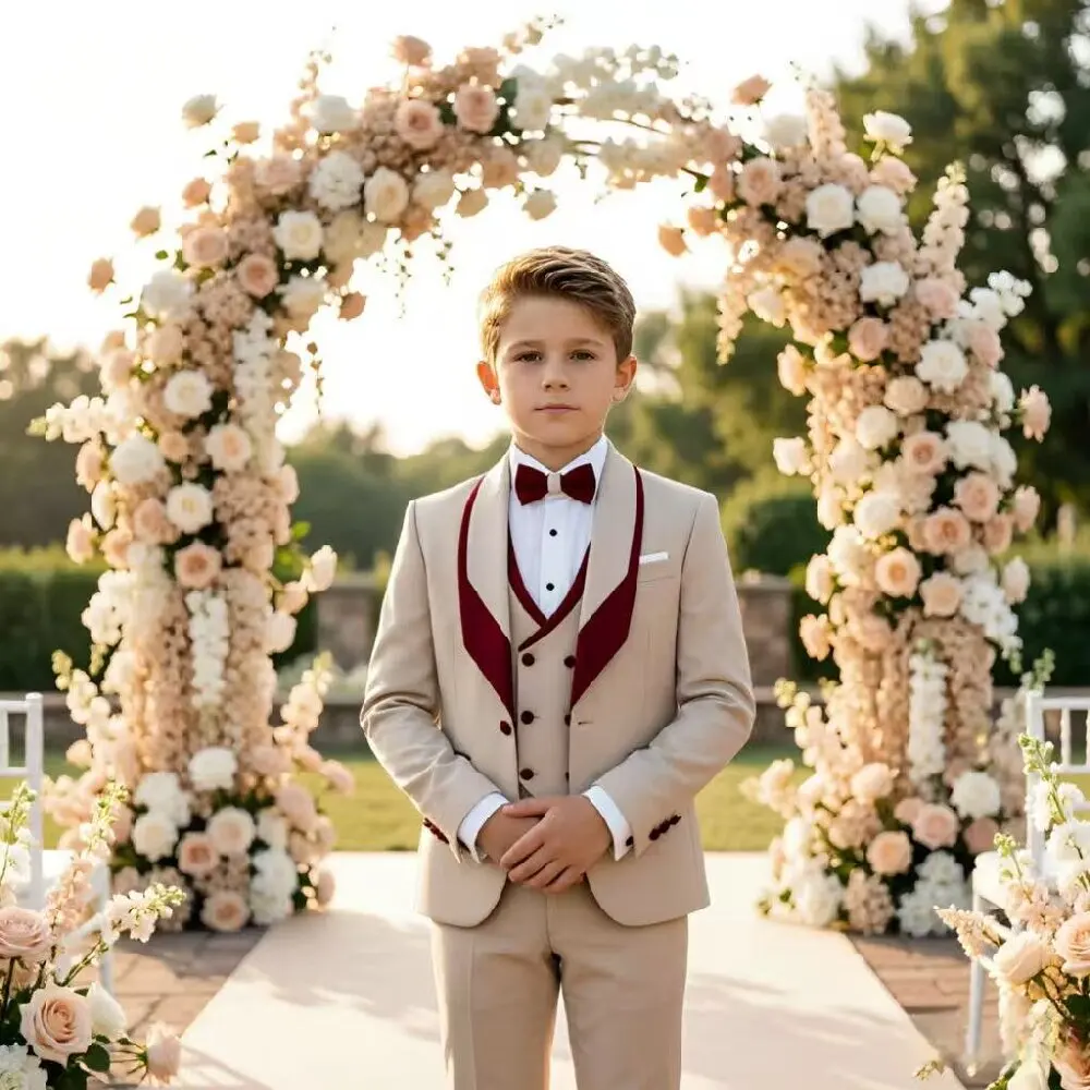 

Formal 3 Pieces Wedding Suit For Boys Child Tuxedo Outfits Jacket With Matching Vest And Pants Elegant Banquet Birthday Outfit