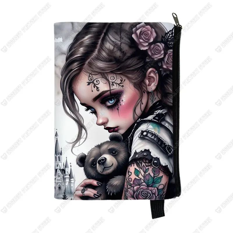 Cartoon Gothic Girl and Bear Doll Print Cosmetic Case Cool Goth Girl Makeup Organizer Napkin Storage Pouch Lady Toiletries Bag