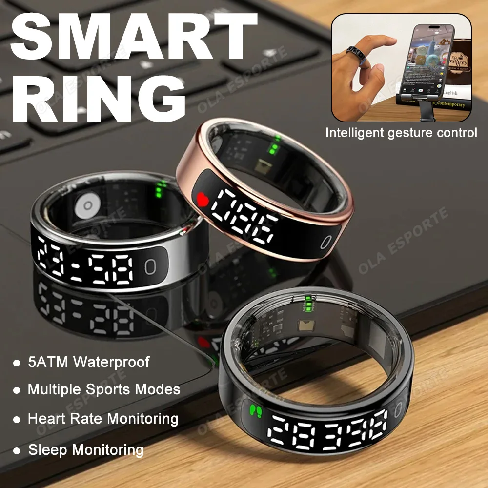 

Men Women Smart Ring LED Display Screen Gesture Control Waterproof Heart Rate Monitoring Pedometer Multi-Function Fitness Rings