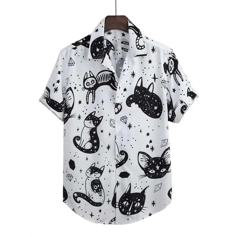 2024 Cat Printed Cuban Collar Shirts For men's Summer Vintage Elements Shirt Hawaii Beach men's Clothing Outdoor Street Loose