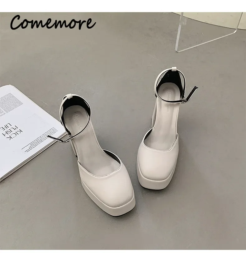 Comemore Platform Party Chunky Heel Sandals White Heels Shoes Women Zapatos De Tacon Summer Fashion Square Toe Buckle Pumps Shoe