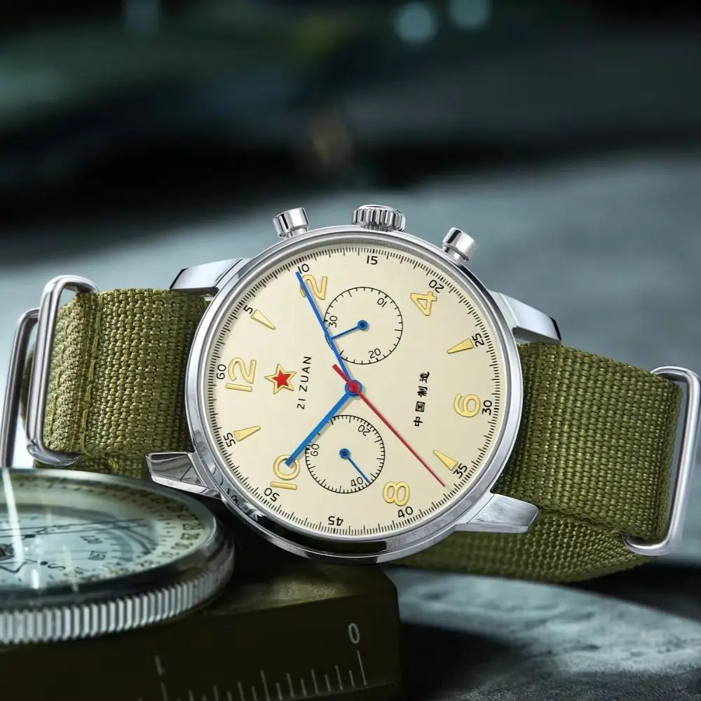 TOPHILL 40mm ST1901 Manual Wound Mechanical Chronograph 1963 21 Zuan Sandblasted Beige Vintage Classic Aviator 5Bar Sapphire TL025G