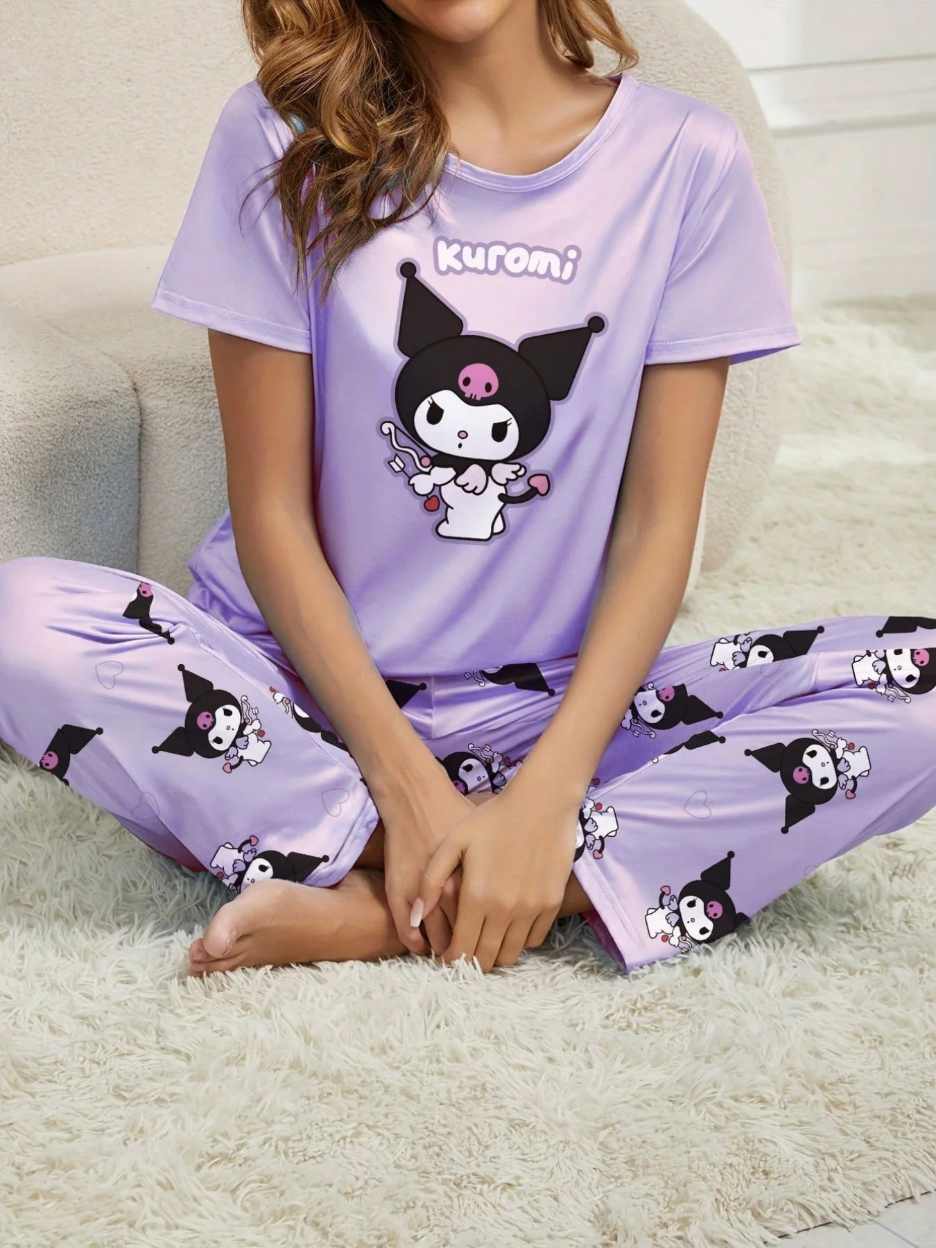 

Комплекты Sanrio: милые топы с короткими рукавами и длинные пижамные штаны для Hello Kitty. Удобный домашний комплект одежды, набор из 2 предметов