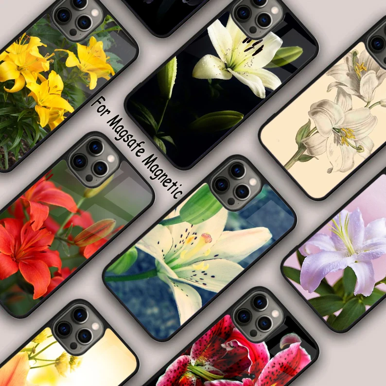 

Магнитный чехол для телефона с цветами лилии для APPLE iPhone 17 Air 16 14 13 12 Pro Max 15 Plus с беспроводной зарядкой и чехлом MagSafe