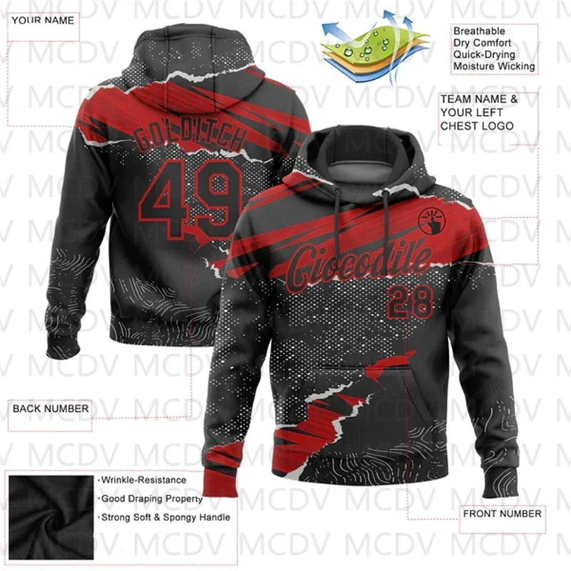 Custom Black Red 3D Pattern Design Torn Paper Style Sports Pullover Sweatshirt Hoodie