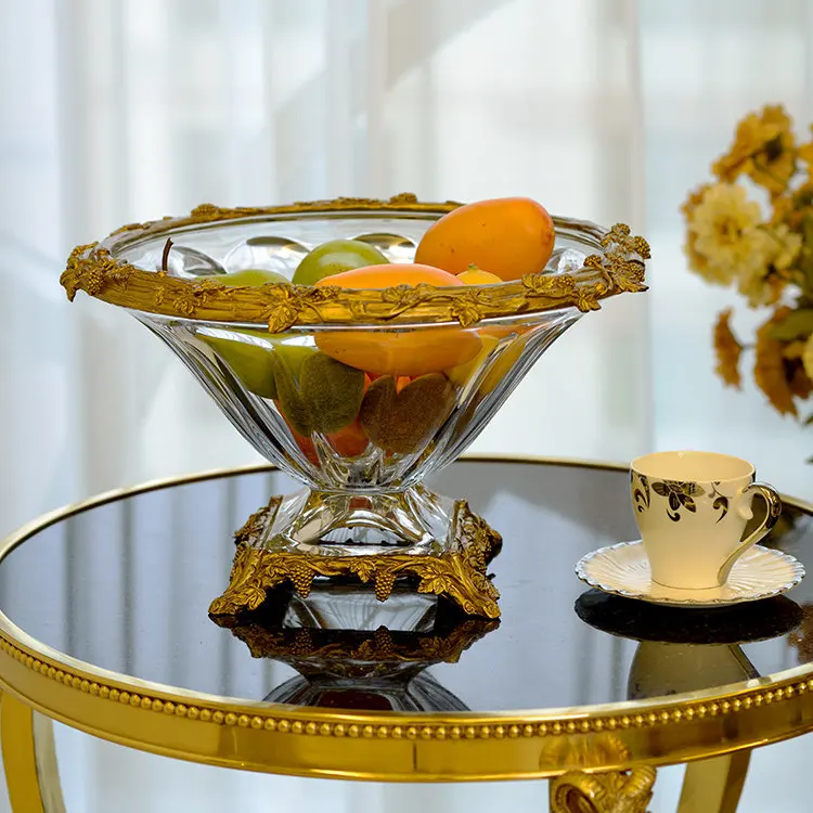 Crystal inlaid copper fruit basin, European-style home jewelry ornament atmospheric luxury villa soft decoration large fruit pla