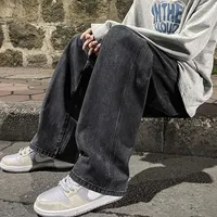 New Men's Jeans Korean Fashion Student Casual Pants High Street Straight Baggy Wide Denim Trousers Black Grey Blue
