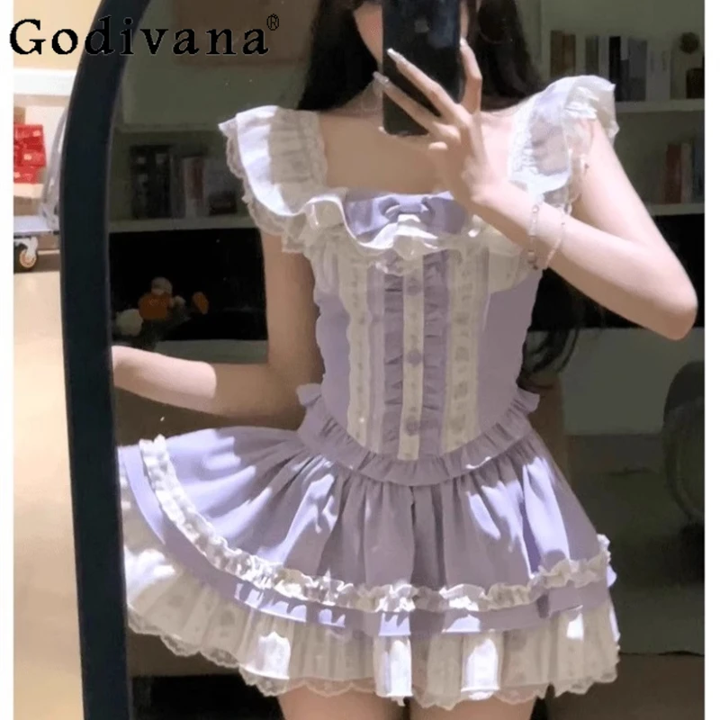 

Sweet Style Purple Set for Women Flutter Sleeve Square Neck Top Pure A Line Skirt Suits Girls Japanese Style Lolita Outfits