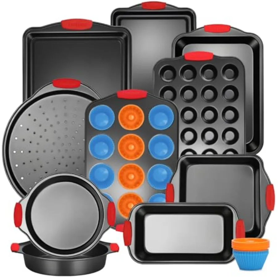 

Baking Pans Set with Silicone Handles 34 PCS Nonstick Bakeware Sets Oven Pan Set Includes Baking Tray Cookie Sheet Cake Pans Lo