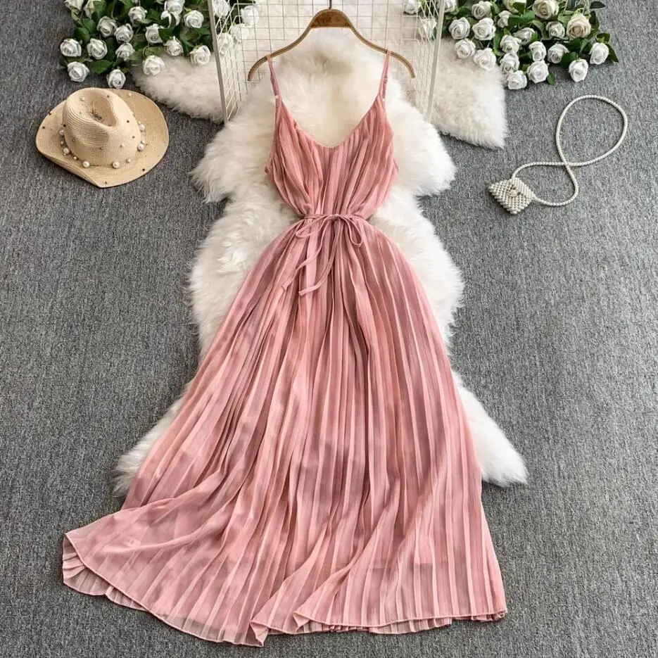 Boho donna solido estate abito lungo pieghettato casual sexy cinturino per spaghetti vestido de festa elegante tunica vacanza al mare abiti