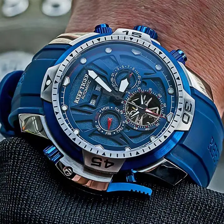 Reef Tiger Men Automatic Watch 46mm Mechanical Wristwatch Luminous Waterproof Rotatable Bezel Multi-Dial Year Month Week Date