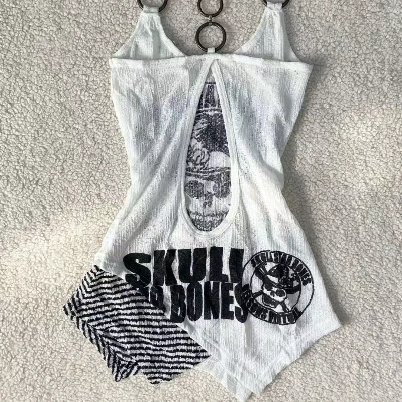 하라주쿠 American Hottie 탱크 탑 Subculture Goth 해골 프린트 조끼 여름 Y2k 슬림 피트 중공 탑 여성 섹시한 펑크 Camis