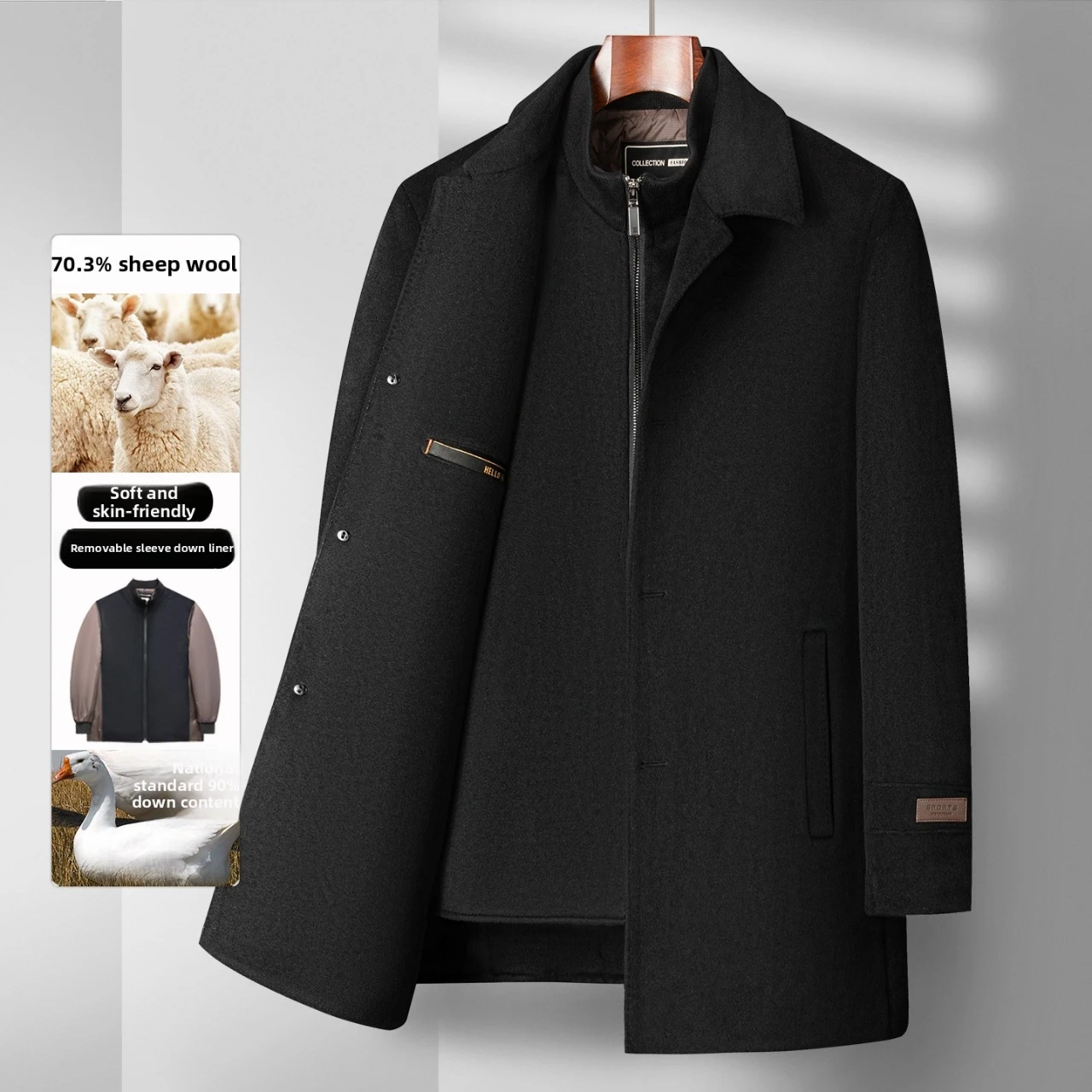 2025 Winter New Men's High end Wool Coat with 70% Wool Content, Down Inner Tank Thickened Warmth, Medium to Long Business Coat