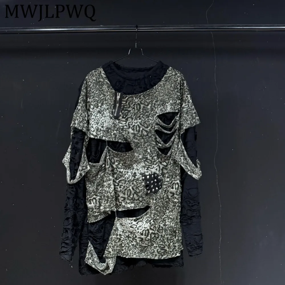

MWJLPWQ Мужская футболка с длинными рукавами в стиле панк с леопардовым принтом и рваными элементами, с круглым воротником, в стиле пэчворк, унисекс, свободного кроя, весна 14741