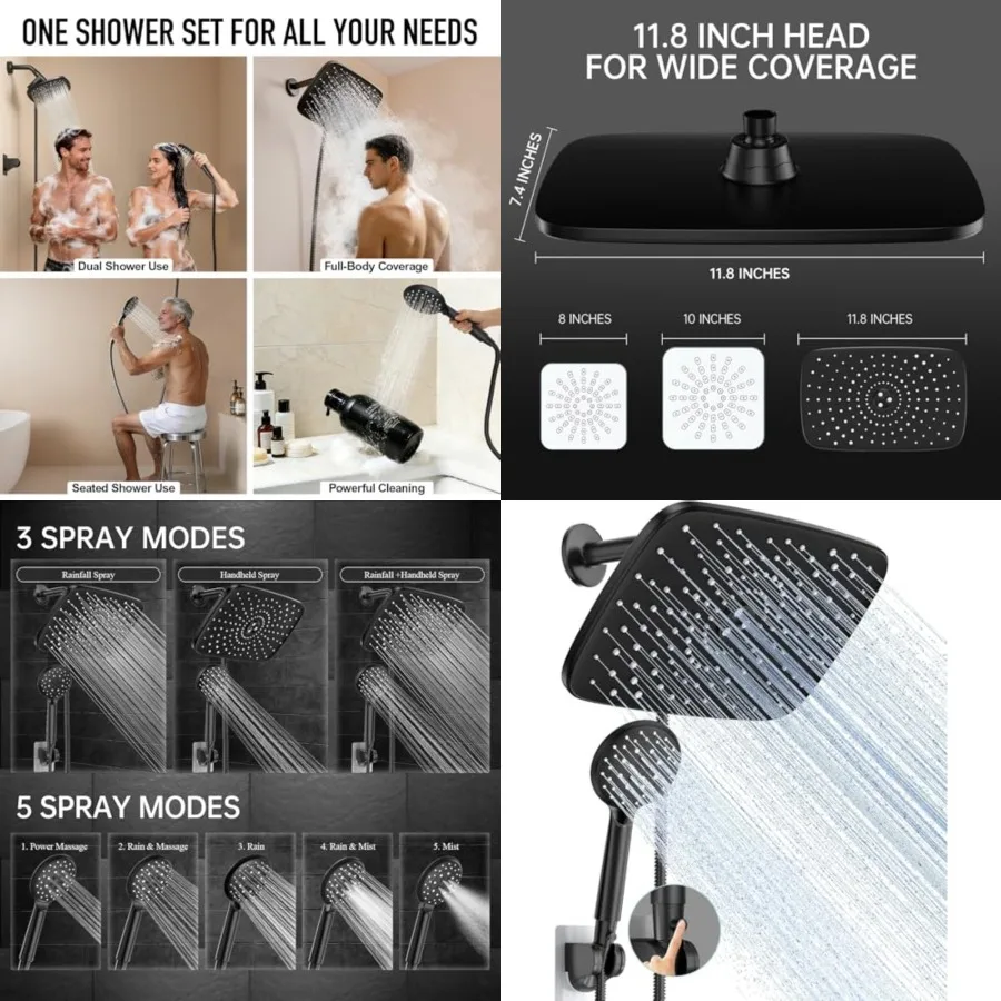 

11.8 Inch Rain Shower Head with Handheld- High Pressure Dual Shower Heads with 5 Modes Handheld Spray Combo- Wide Rainfall Show
