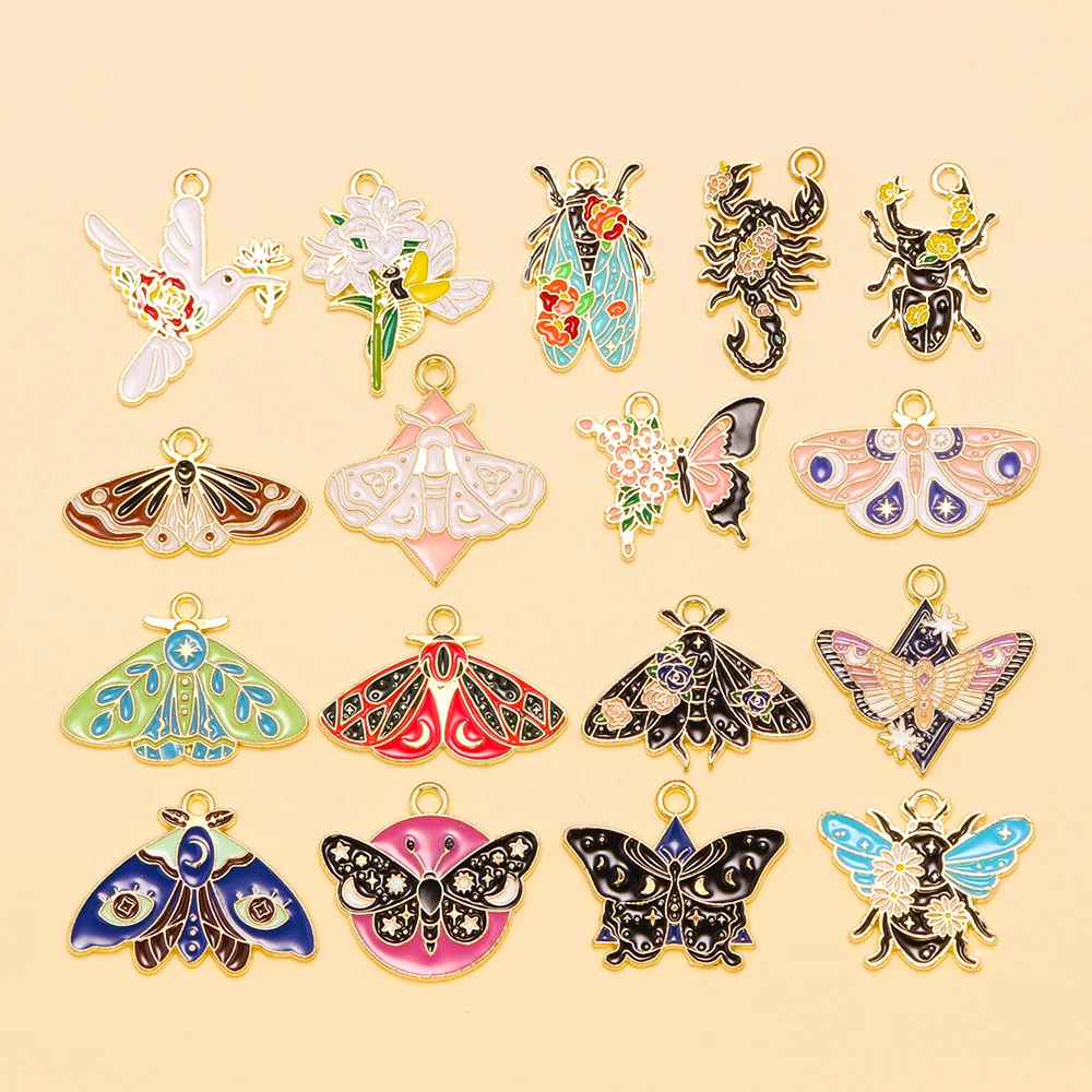 10Pcs Alloy Enamel Insect Charms Colored Moth Butterfly Beetle Pendant Accessory DIY Making Earing Necklace Jewelry Decor Crafts