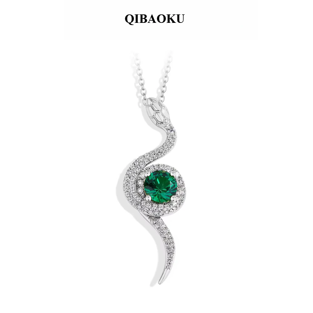 QIBAOKU Original Snake Moissanite Necklace for Women Lab Green Nano Gemston S925 Silver 18k White Gold Plated Pendant Gifts 2026