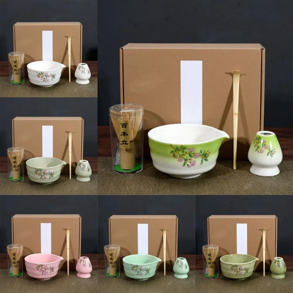 4PCS New Bamboo Ceramic Japanese Matcha Tea Set with Spout Food Grade Match Bowl Reusable Safe Green Tea Whisk Stirring