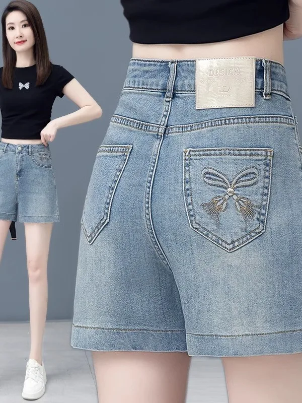 

Джинсы с высокой талией для женщин, летние, тонкие, с вышивкой, широкие брюки А-силуэта, с эффектом похудения, для невысоких, шорты-капри