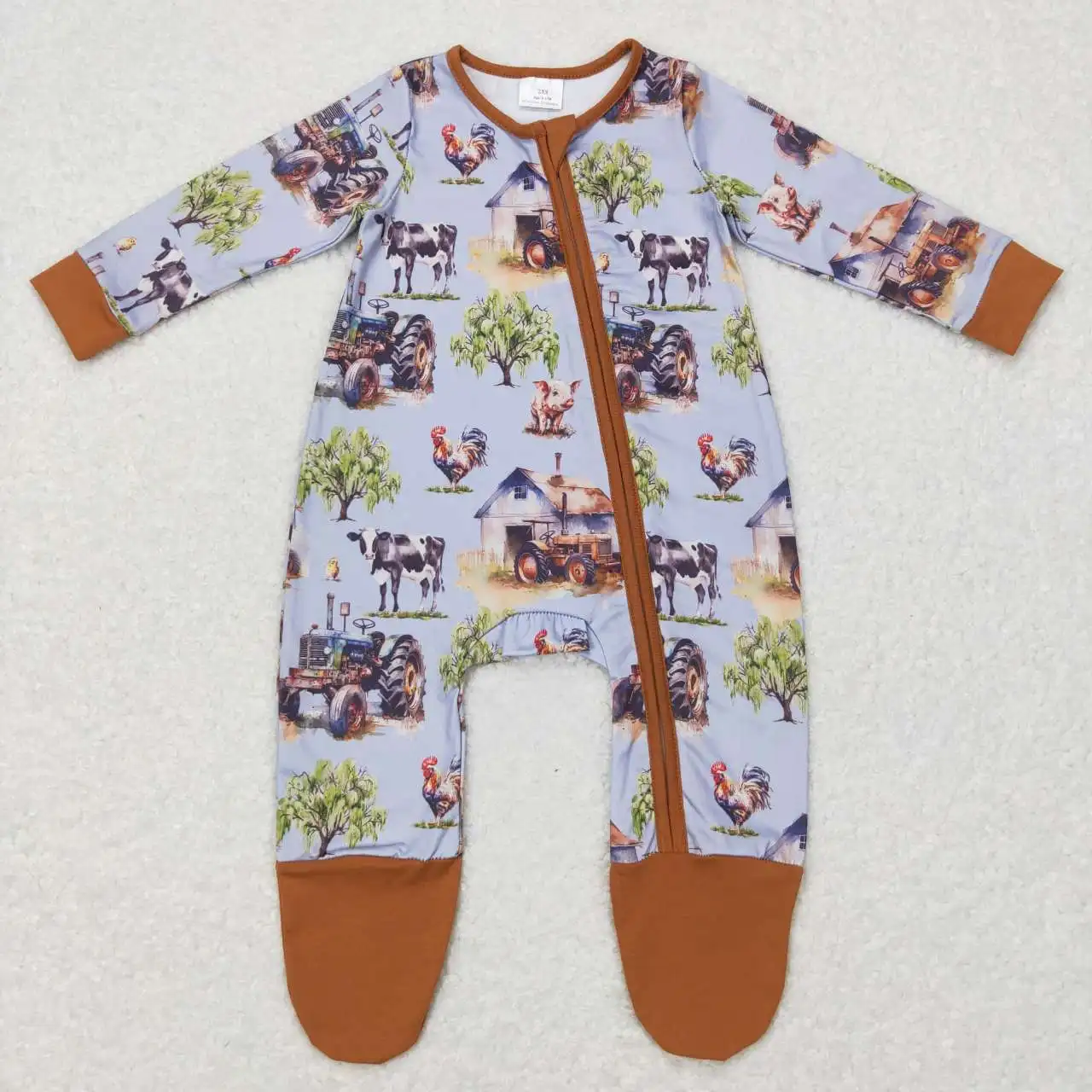 

Wholesale hot sale baby kids clothes newborn toddler Farm tractor cow animal Blue brown zipper long sleeve onesie rompers