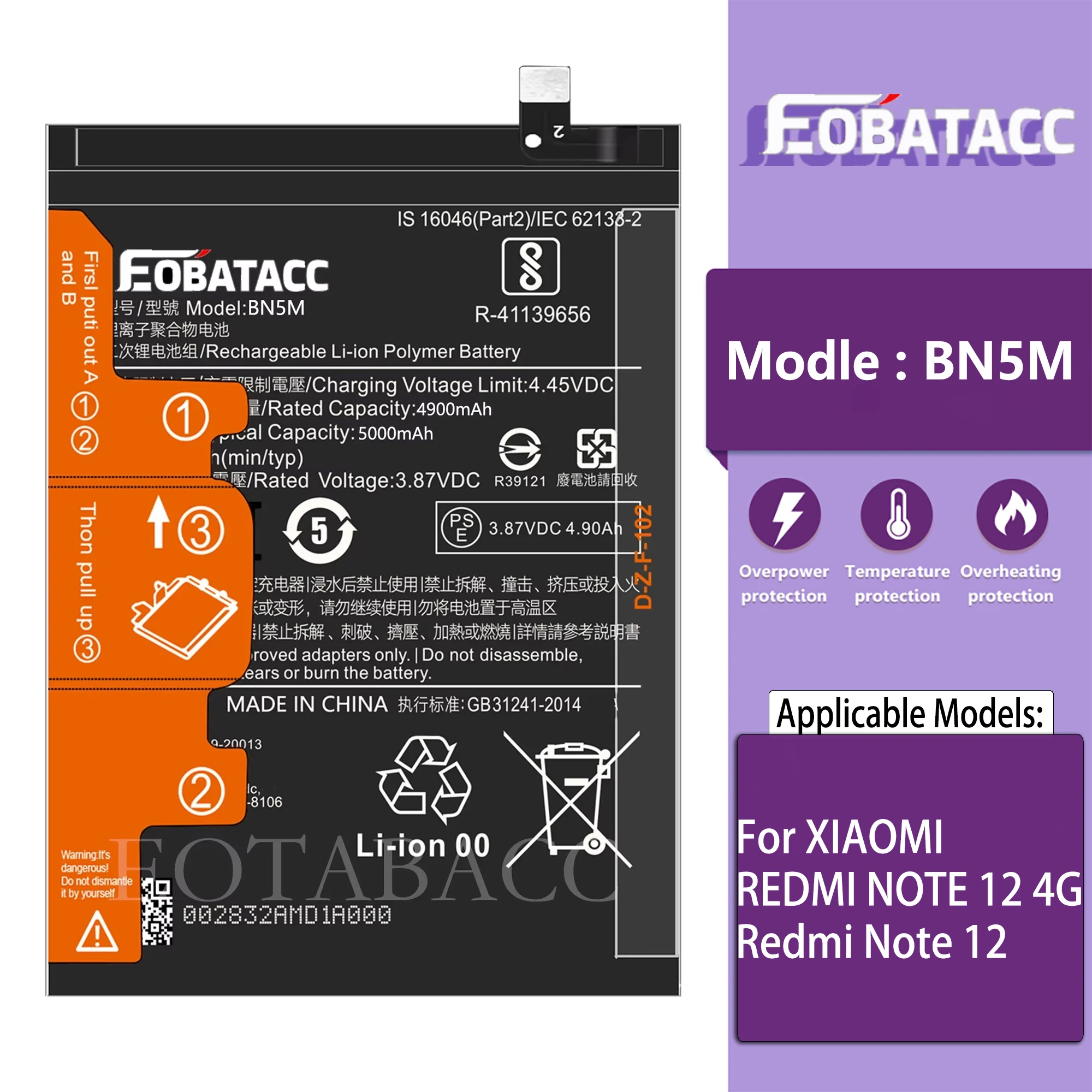 

EOTABACC 100% New Original Battery BN5M For XIAOMI REDMI NOTE 12 4G/Redmi Note 12 Battery +Tools