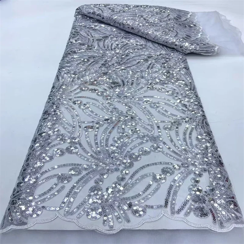 

2024 Silver Latest Embroidery African Lace Fabric 5 Yards High Quality Nigerian Women Wedding Asoebi French Tulle Lace Material