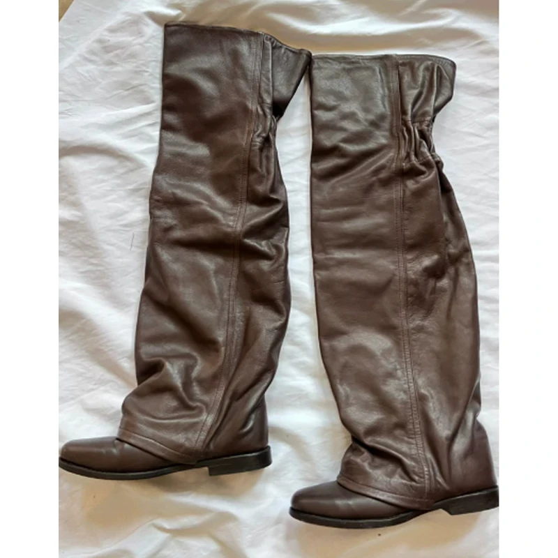 Vintage Brown Slip-On Slouch Low Heel Knee High Boots Ruched Elastic Band Knight Trousers Boots Casual Retro Tall Booties