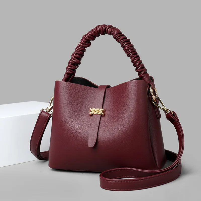 Small Pu Leather Messenger Bags Elegant Ruched Ladies Totes Bolsa Design Bucket Shoulder Bag for Women Handbags
