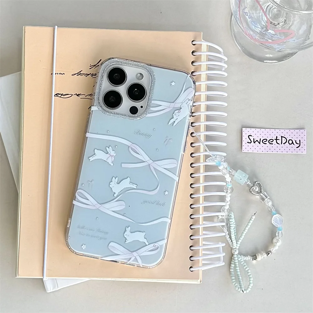 

Cute ribbon bow rabbit phone case for iPhone 13 14 15 16 Pro Max Fundas with chain cover Anti-fall Korean INS Shockproof cover