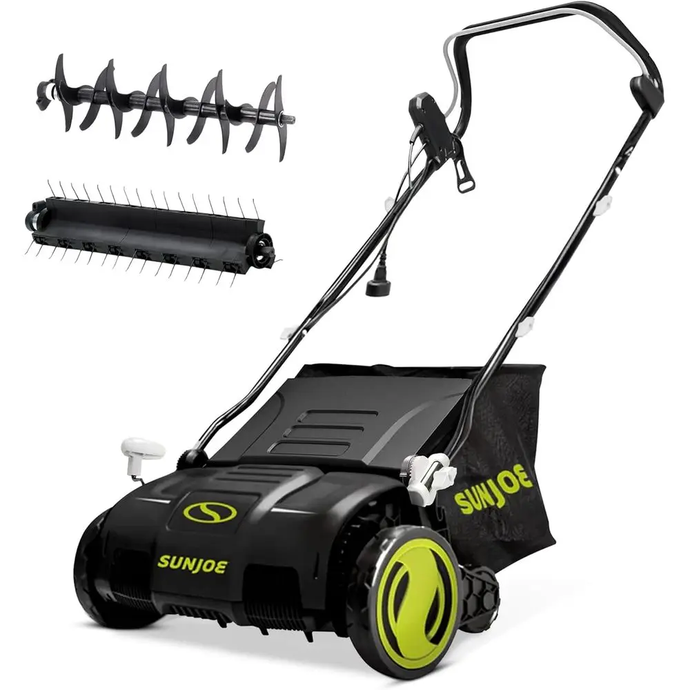 15-Inch Electric Lawn Dethatcher with Scarifier Blade and Collection Bag - 13-Amp Corded Yard Power Rake Tool for Grass Thinning