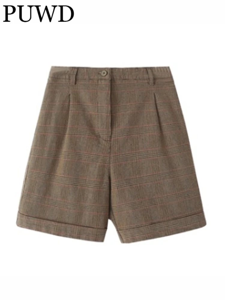 

PUWD Casual Women Brown Button Plaid High Waist Short Pants 2022 Summer Fashion Ladies Casual Female Knitted Shorts