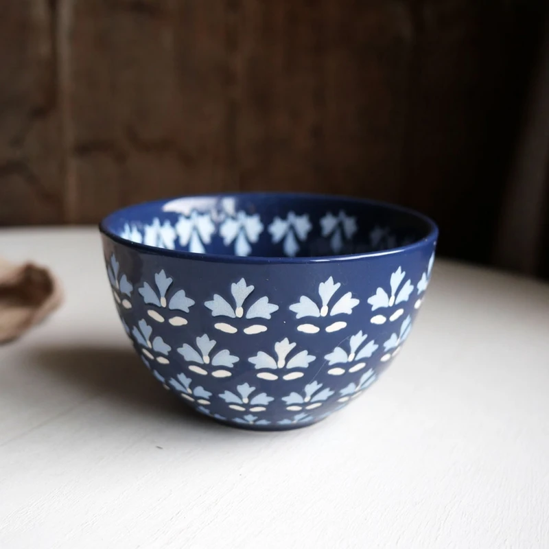 LANG Design Cooperation Style Ceramic Hand-made Isolation Glaze Relief Carving Pattern Blue Bowl Cup