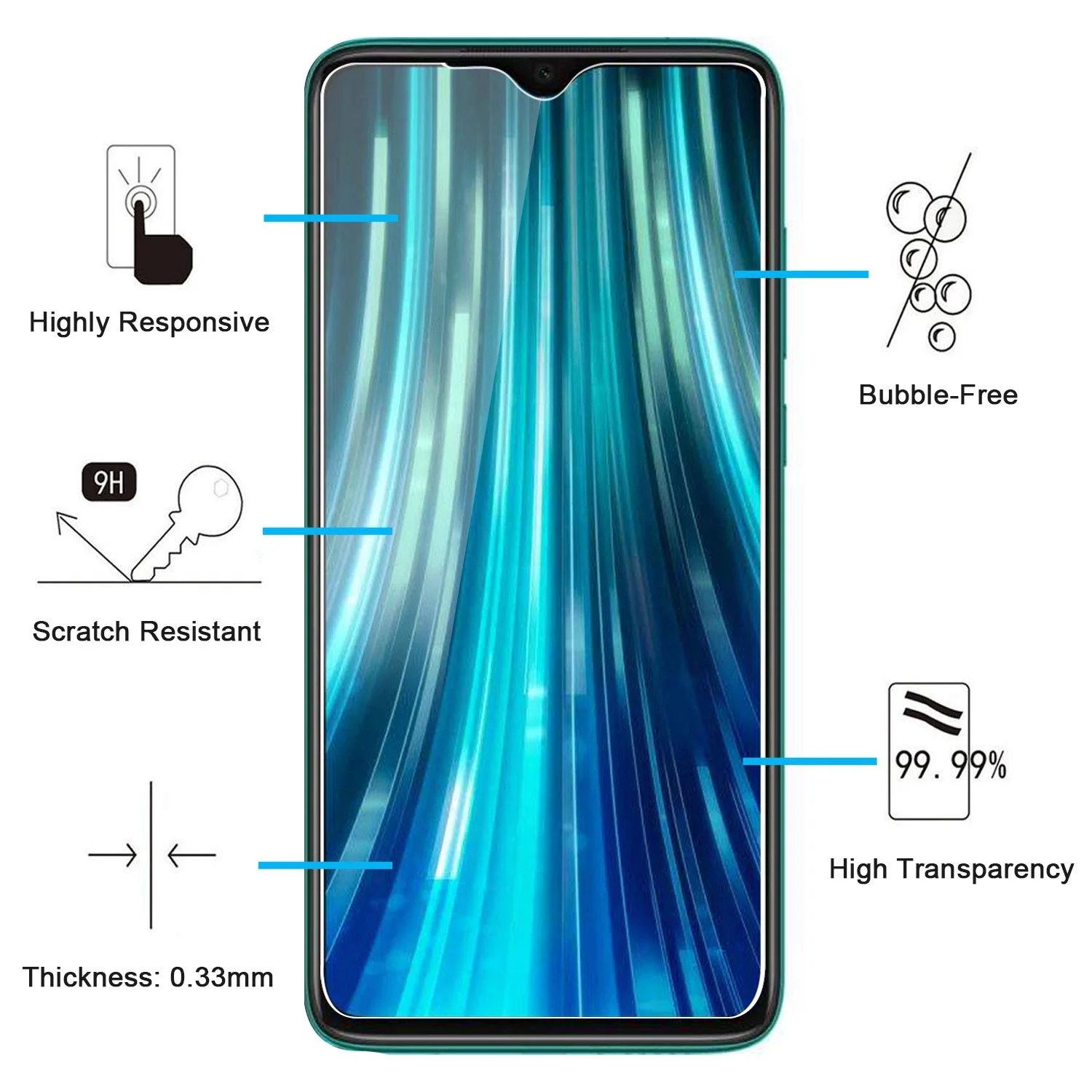 Screen Protector For Redmi 8 Pro Xiaomi, Tempered Glass High Aluminum 9H Transparent HD Ultra Clear Anti Scratch Case Friendly