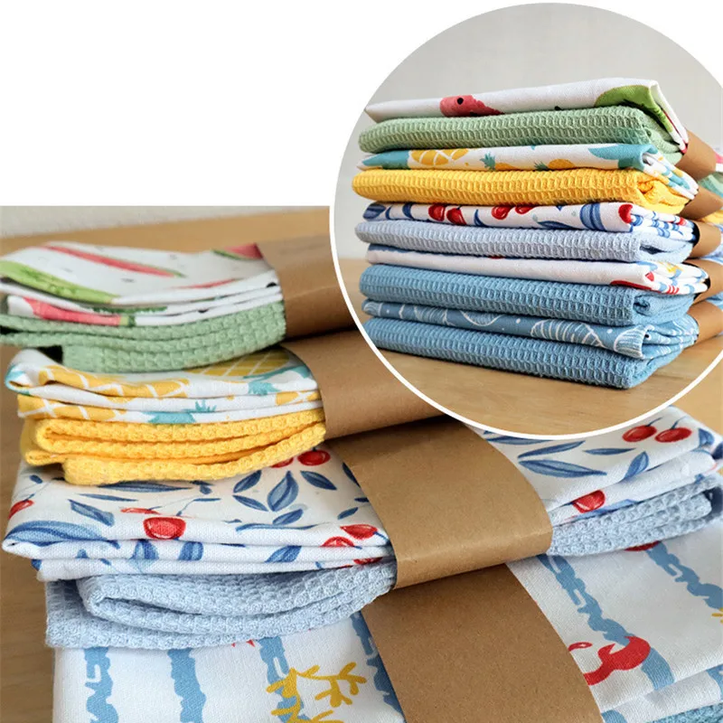 2Pcs/set 45x65cm Printed Pure Cotton Table Napkins Kitchen Waffle Tea Towels Absorbent Dish Cleaning Cloth