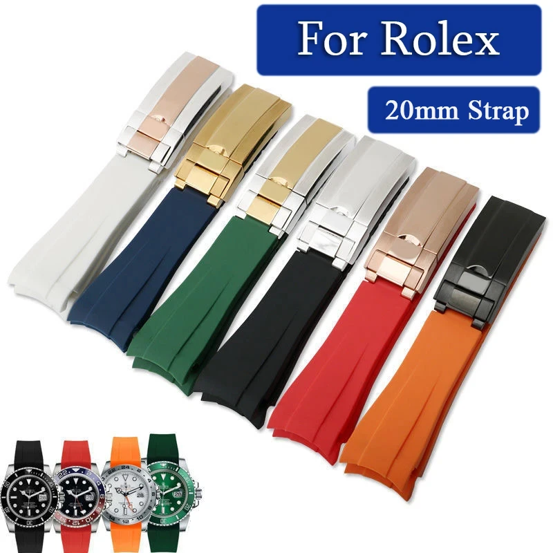 20mm Rubber Watch Strap for Rolex GMT Daytona Submariner Silicone Waterproof Curved End Replacement Sport Watchband Metal Buckle