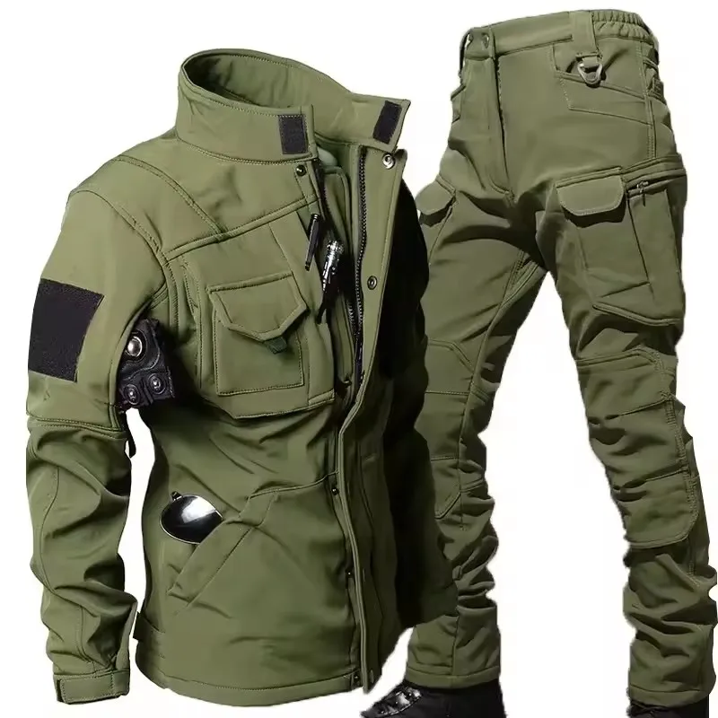 Waterproof Shark Skin Tactical Sets Mens Thicken Fleece New Soft Shell Combat Jackets+windproof Warm Cargo Pant 2 Piece Set