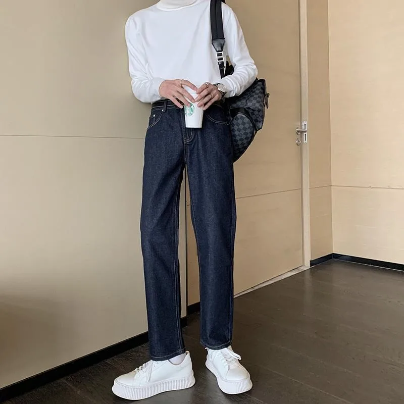 Korean Popular Clothes 2026 Autumn Winter Dark Blue Work Jeans for Men Straight-leg Loose Korean Trendy Pants Jeans Luxury Men