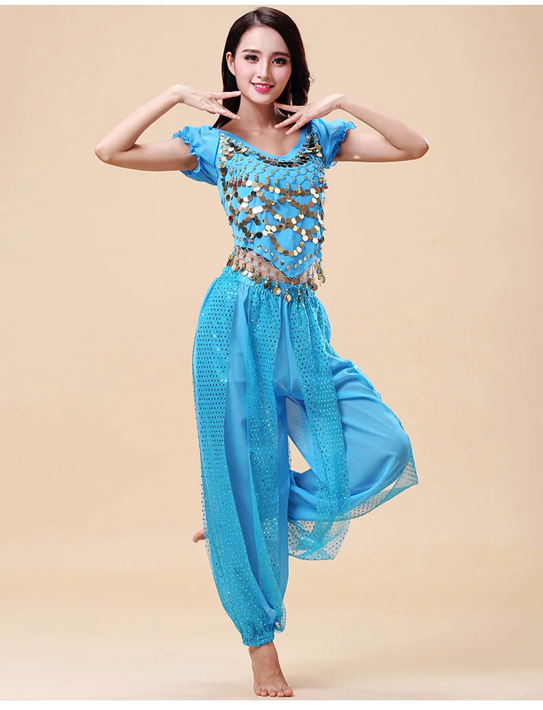 Ladies Belly Dance Outfit Set Oriental Indian Dance Halloween Costume Women Sequin Tops with Harem Pants Training Suits