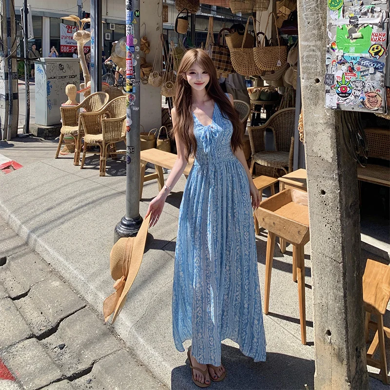 Vacation Style V-Neck Sleeveless Midi Dress Floral Print Chiffon Skirt Blue Summer Dress Beachy Vibes Women's Fashion