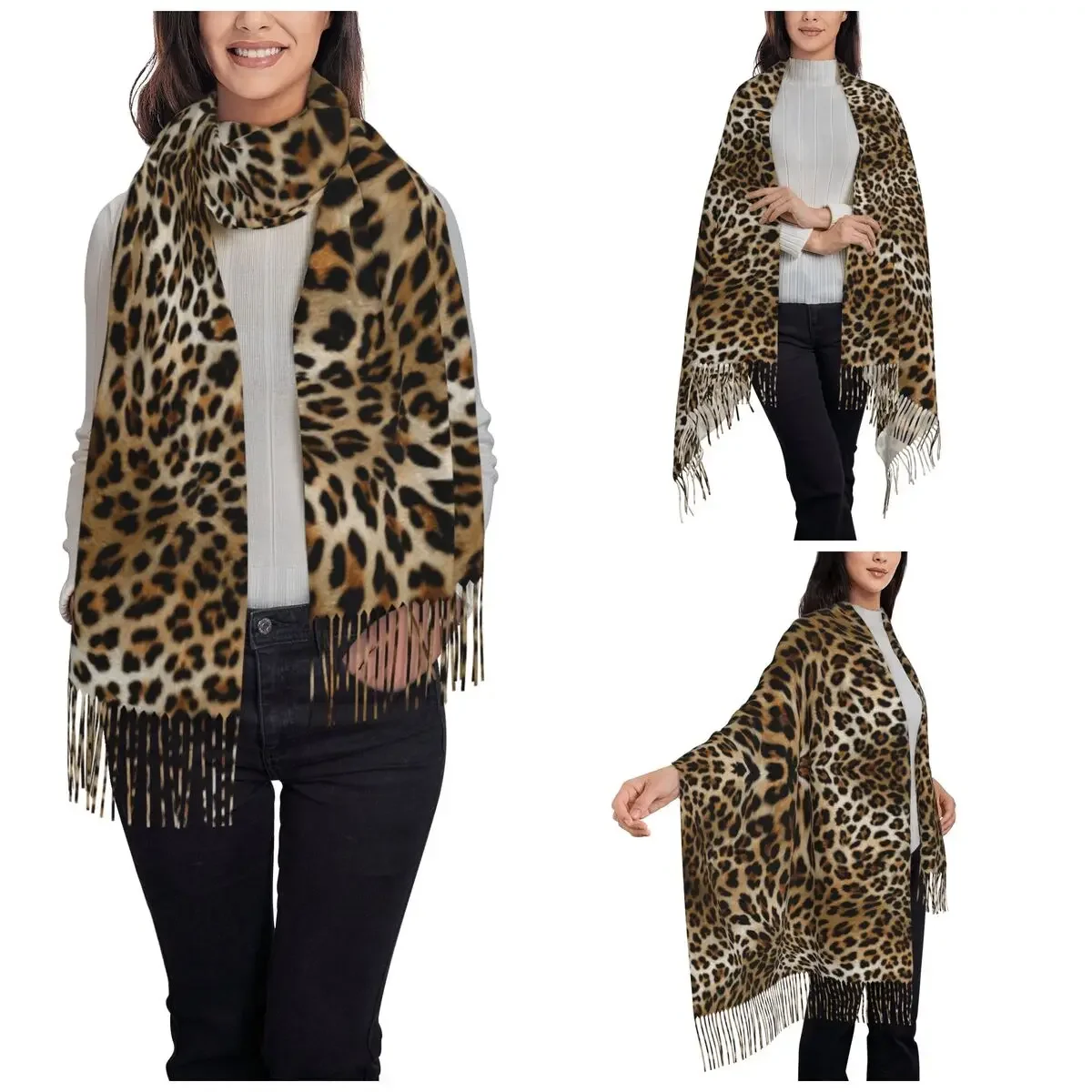 Womens Scarf with Tassel Leopard Pattern Large Winter Warm Shawl and Wrap Animal Fur Skin Texture Daily Wear Pashmina Scarves