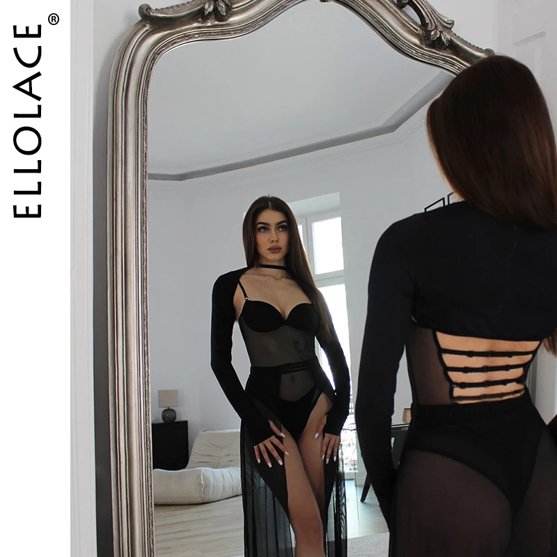 

Ellolace Sissy Erotic Lingerie Elegant Long Sleeve Crop Top Skirt Bodysuit 3PC Set Julia Sensual Backless Party Mesh Split Kit