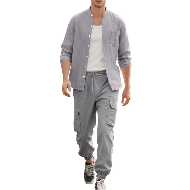 New Men's Casual Linen Two Piece Sets  Europe Style Vintage Basic Tops and Solid Pants Suit Male Beach Tracksuits Jogger Set