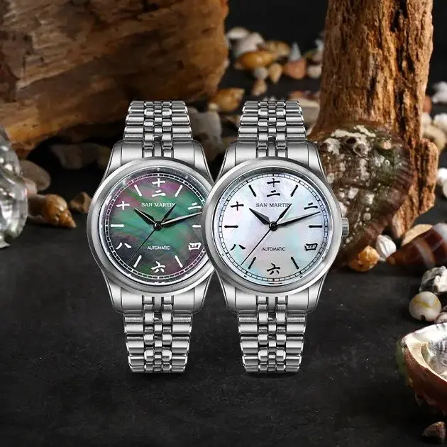 

Мужские автоматические часы San Martin, 39 мм, механические наручные часы, водонепроницаемость 10 бар, BGW-X1, светящийся сапфировый циферблат MOP Sparkle, Miyota 9015