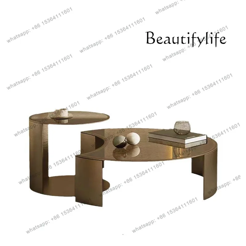 

New modern light luxury home living room creative gold round brown glass stainless steel combination coffee table