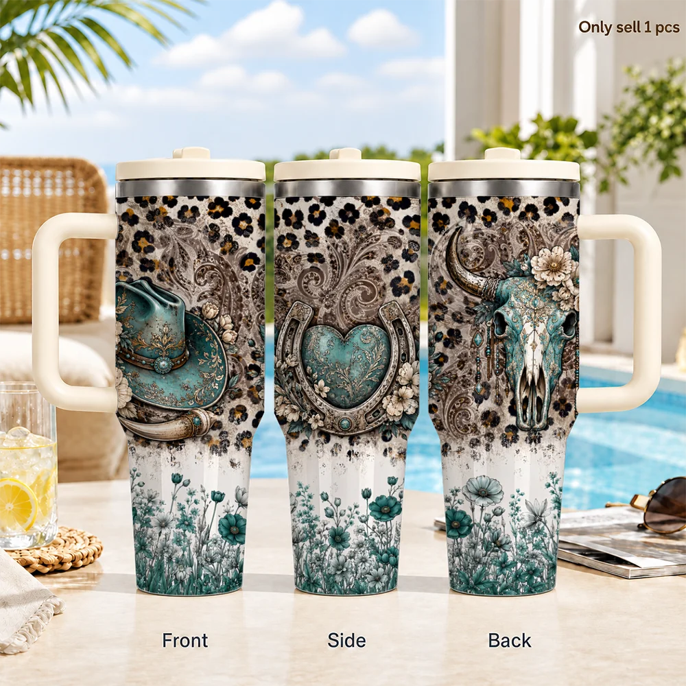 Rural Retro Style Vacuum Flasks 40oz Insulated Stainless Steel Tumbler Leakproof Straw Lid & Grip Handle Travel Cup